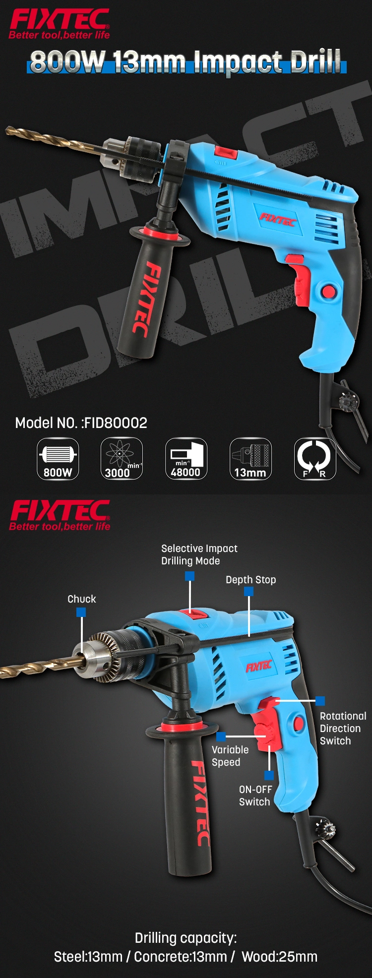 Fixtec Power Tools 800W Impact Driver Kit with 13mm Keyed Chuck Drill